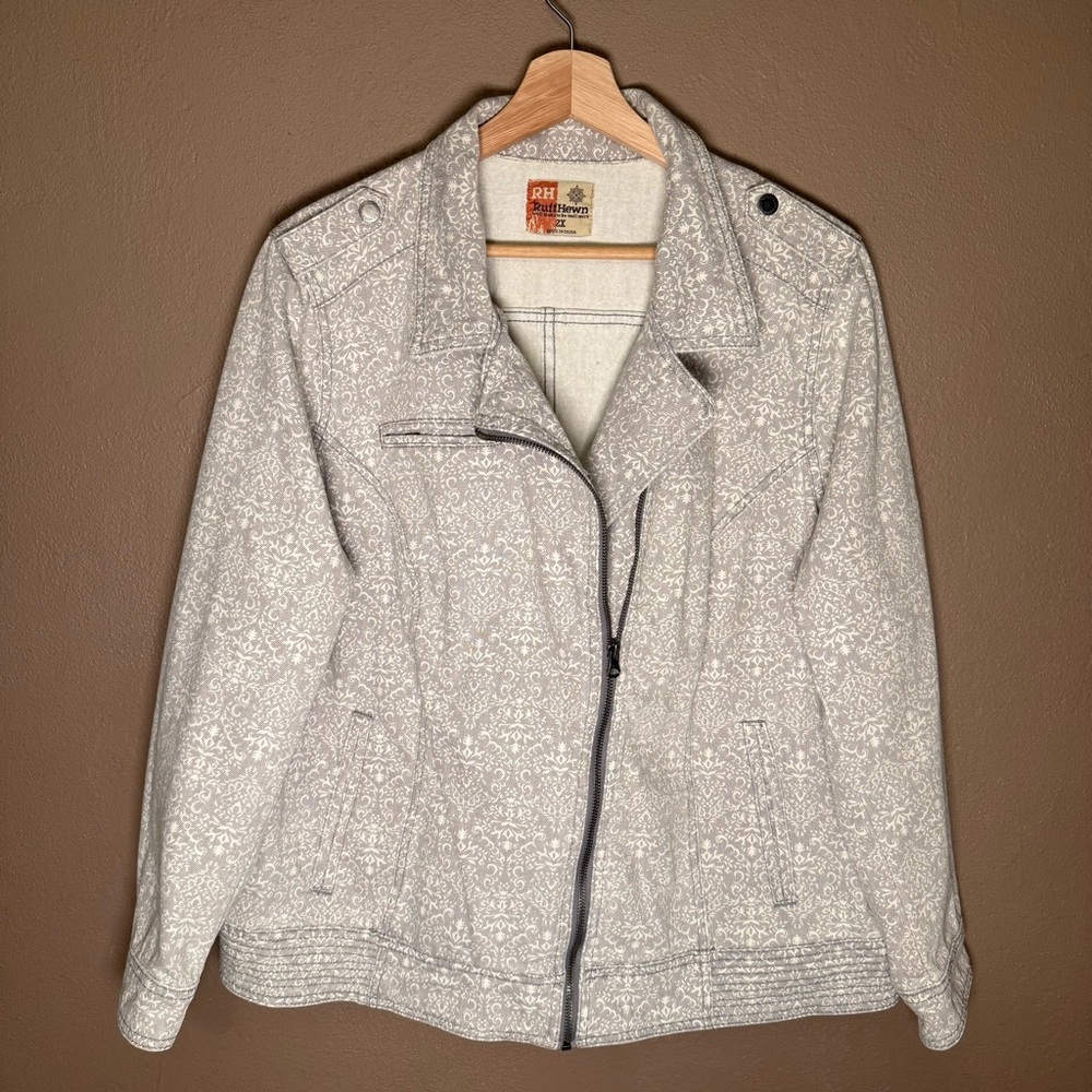 Ruff Hewn Gray & White Cotton Denim Moto Jacket Women's Plus Size 2X Streetwear